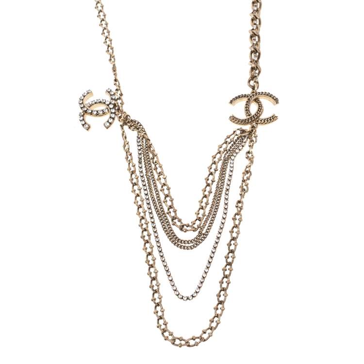 Pre Owned Chanel CC Crystal Gold Tone Multi Strand Necklace