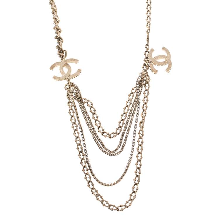 Pre Owned Chanel CC Crystal Gold Tone Multi Strand Necklace