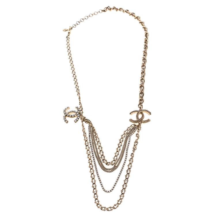 Pre Owned Chanel CC Crystal Gold Tone Multi Strand Necklace