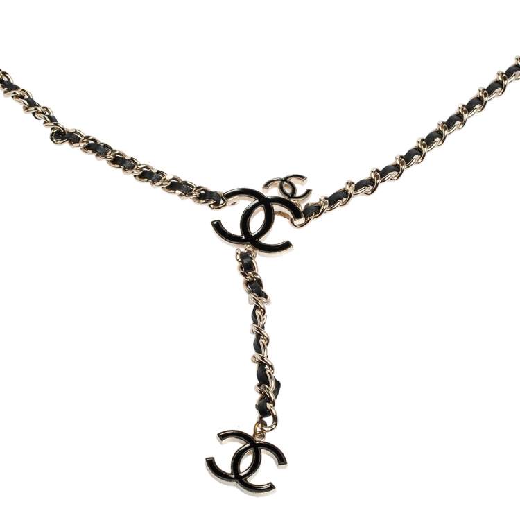 Pre Owned Chanel Black Leather CC Charm Gold Tone Chain Belt