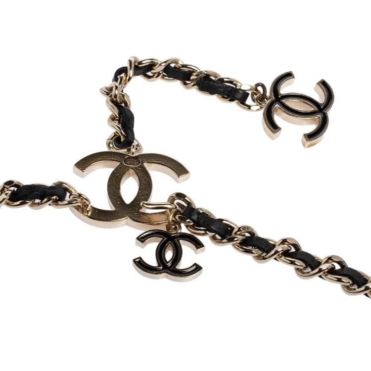 Pre Owned Chanel Black Leather CC Charm Gold Tone Chain Belt