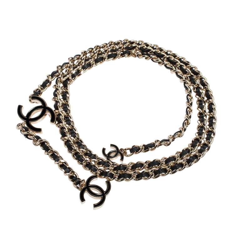 Pre Owned Chanel Black Leather CC Charm Gold Tone Chain Belt