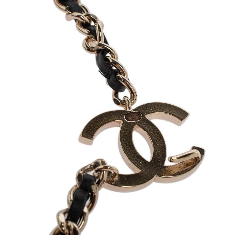 Pre Owned Chanel Black Leather CC Charm Gold Tone Chain Belt