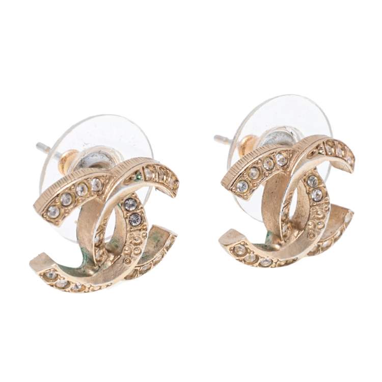 Chanel Gold Tone Crystal CC Stud Earrings Chanel