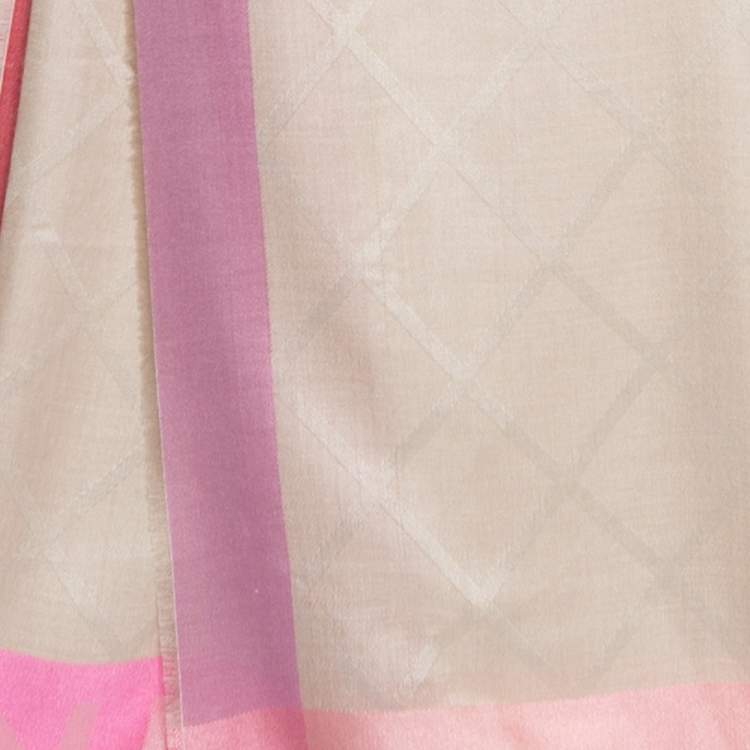 Pre Owned Chanel Beige & Pink Patterned Silk Cashmere Fringed Scarf 