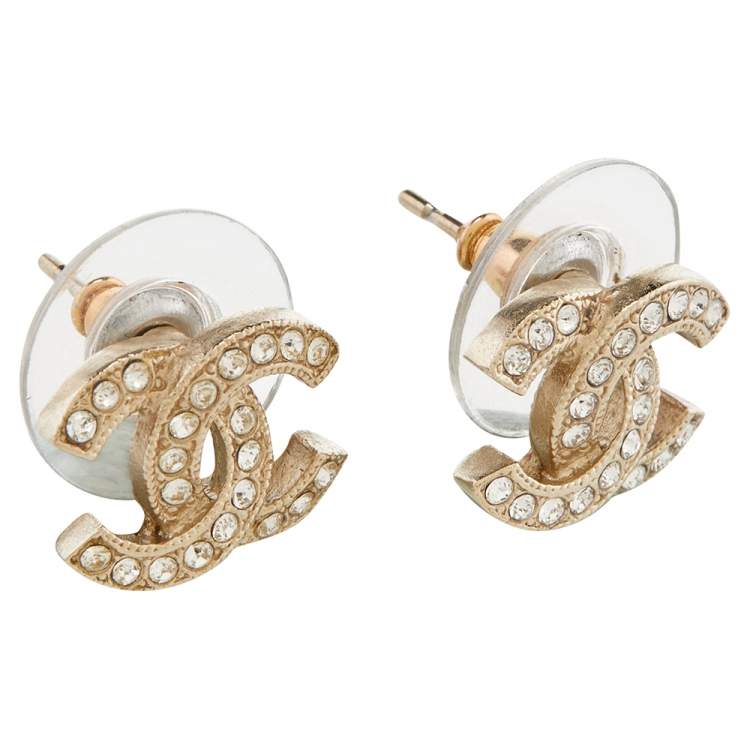 Chanel Pale Gold Tone Crystal CC Stud Earrings Chanel