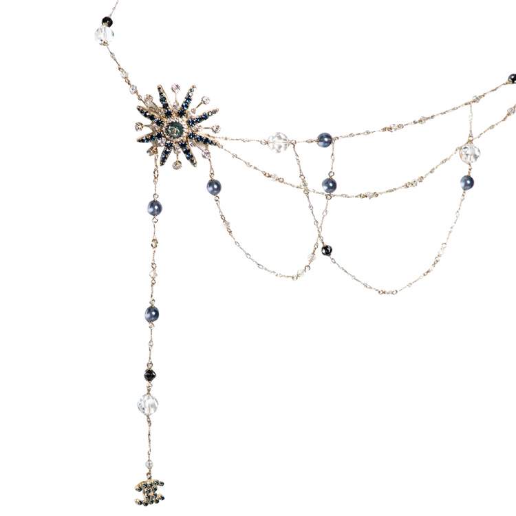 Pre Owned Chanel Pale Gold Tone Beaded CC Starburst Chain Belt