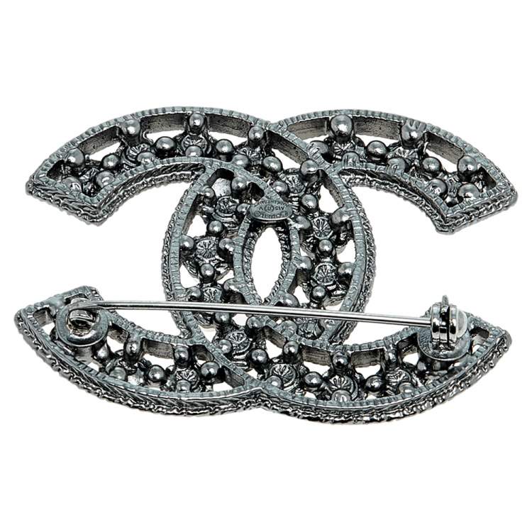 Chanel Gunmetal Tone CC Faux Pearl Pin Brooch Chanel