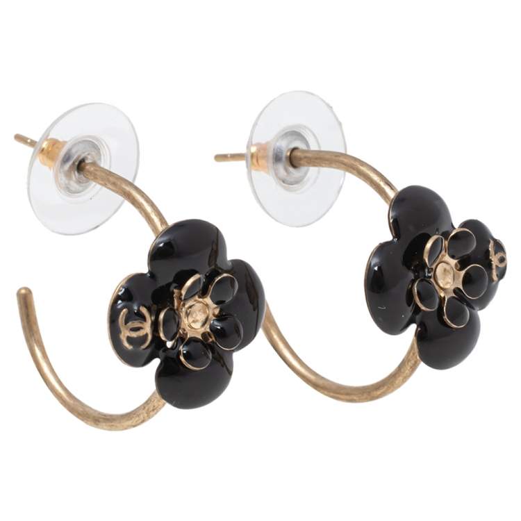 Chanel CC Camellia Black Enamel Gold Tone Earrings Chanel