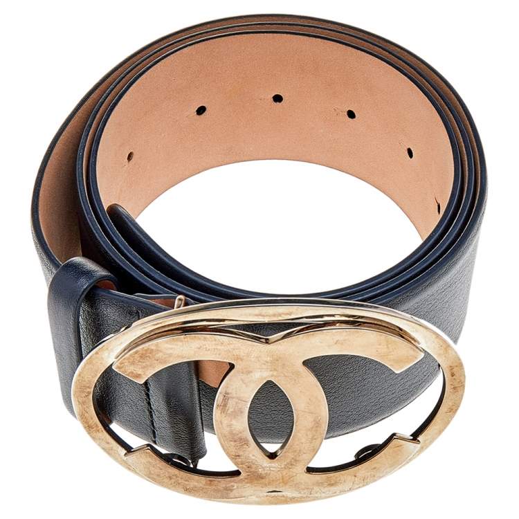 Pre Owned Chanel Black Leather CC Logo Buckle Belt 95CM