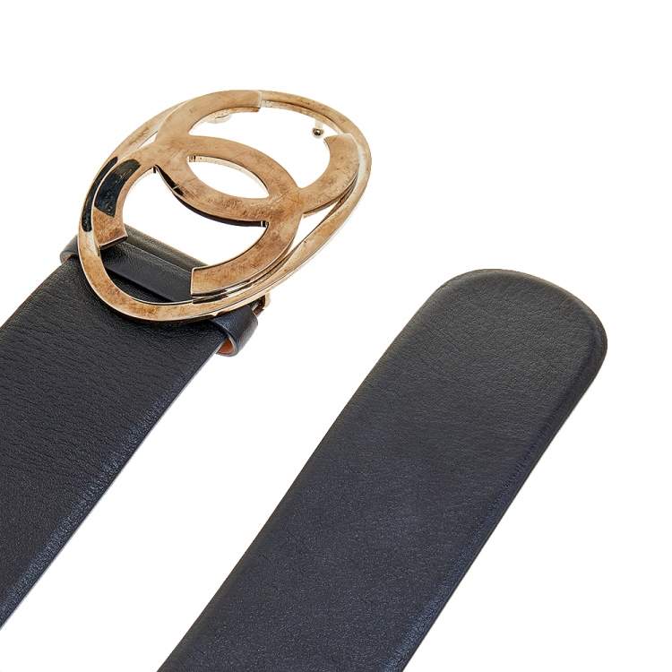 Pre Owned Chanel Black Leather CC Logo Buckle Belt 95CM