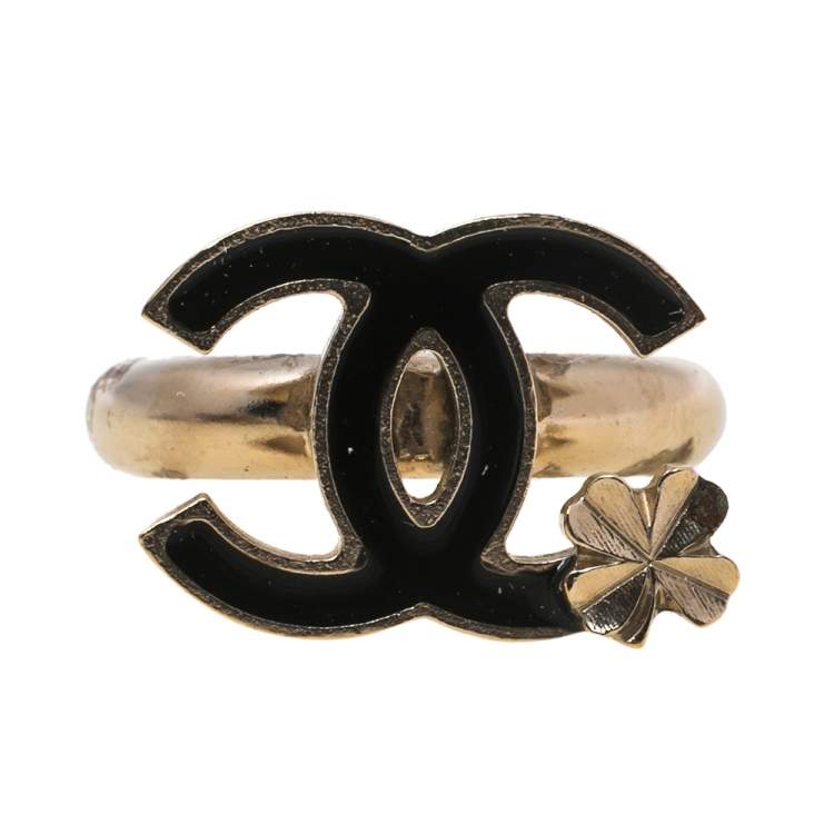 Chanel CC Enamel Gold Tone Clover Ring Size 52 Chanel