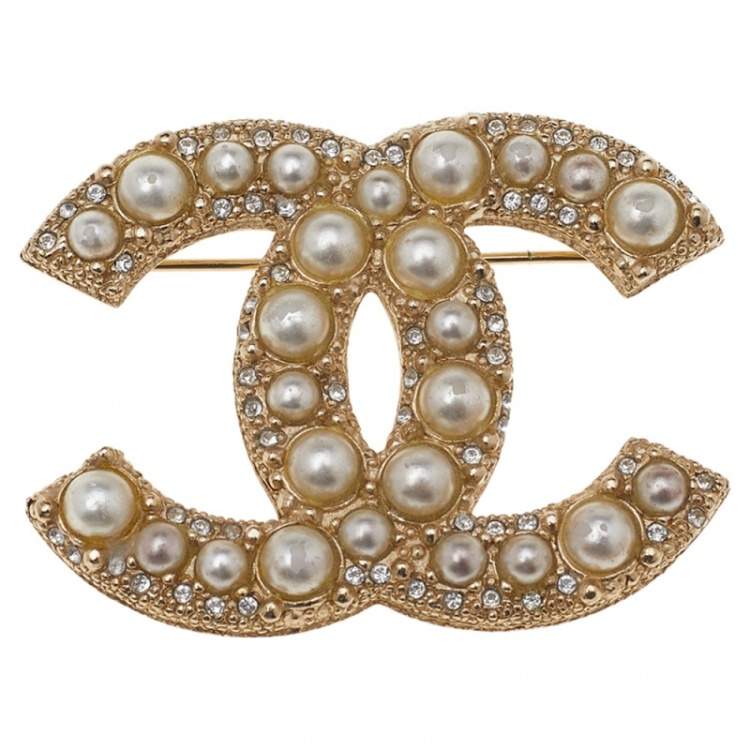 Chanel Gold Tone Faux Pearl CC Pin Brooch Chanel | The Luxury Closet