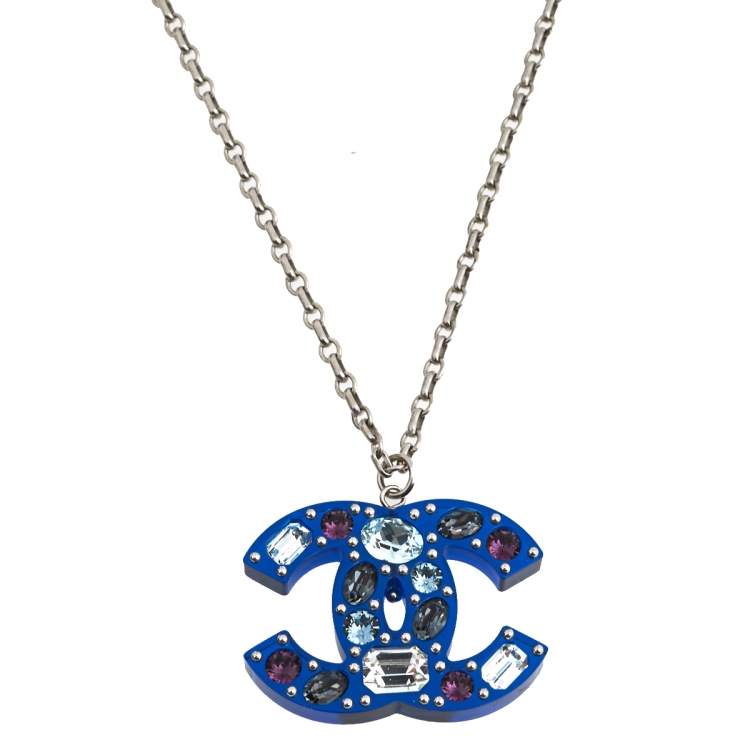 Chanel Silver Tone Blue Acrylic Crystal CC Pendant Necklace Chanel | The  Luxury Closet