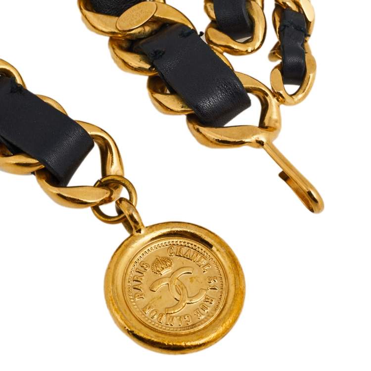 Chanel - Gold & Black Leather 'CC' Medallion Chain Belt
