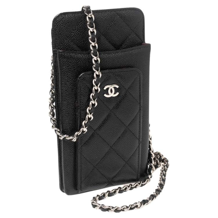 Pre Owned Chanel Black Quilted Caviar Leather Phone Holder Crossbody Bag