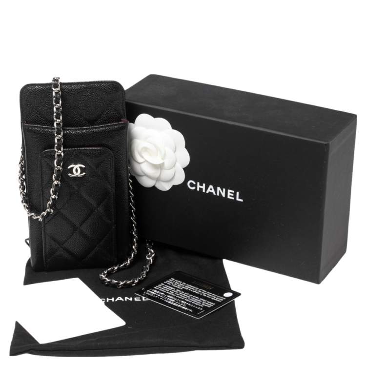 Pre Owned Chanel Black Quilted Caviar Leather Phone Holder Crossbody Bag