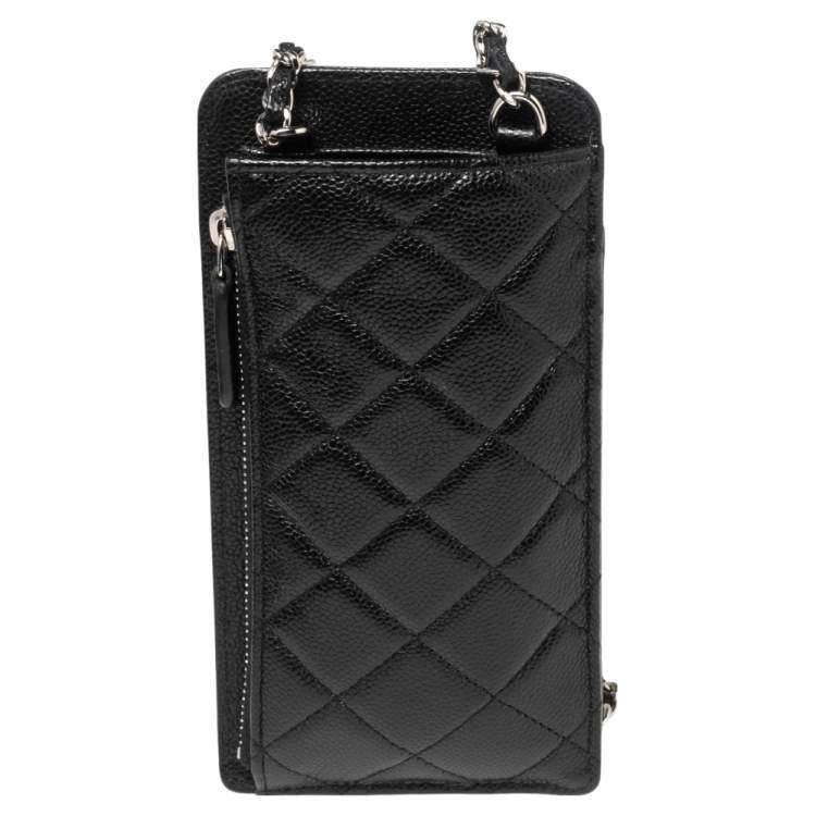 Pre Owned Chanel Black Quilted Caviar Leather Phone Holder Crossbody Bag