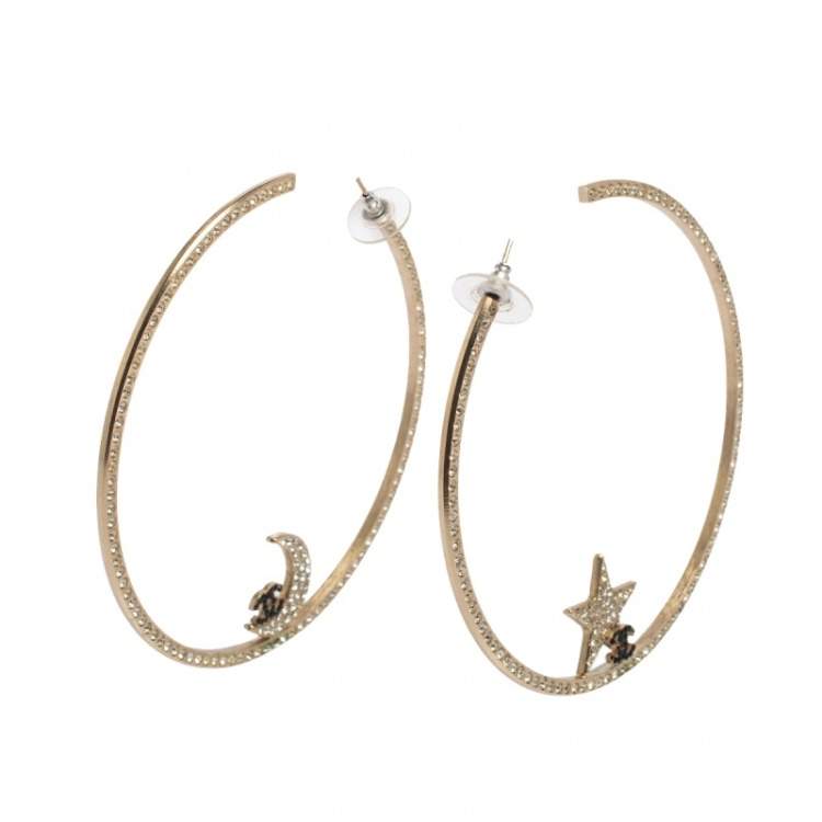 Chanel Pale Gold Tone Crystal Moon & Star CC Hoop Earrings Chanel