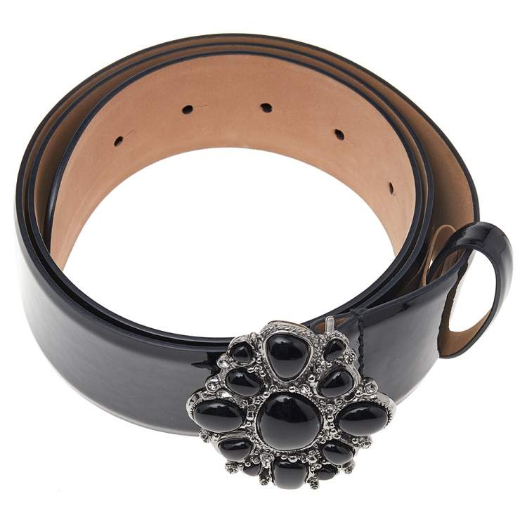 Pre Owned Chanel Black Patent Leather Embellished Buckle Belt 85cm