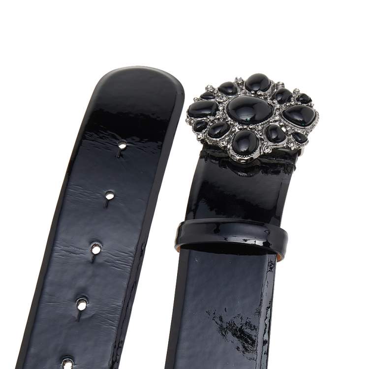 Pre Owned Chanel Black Patent Leather Embellished Buckle Belt 85cm