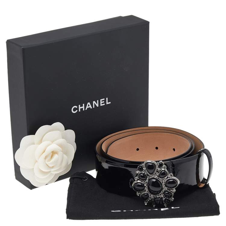 Pre Owned Chanel Black Patent Leather Embellished Buckle Belt 85cm