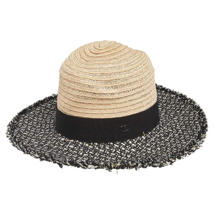 Chanel Beige Straw & Tweed Fedora Hat M Chanel