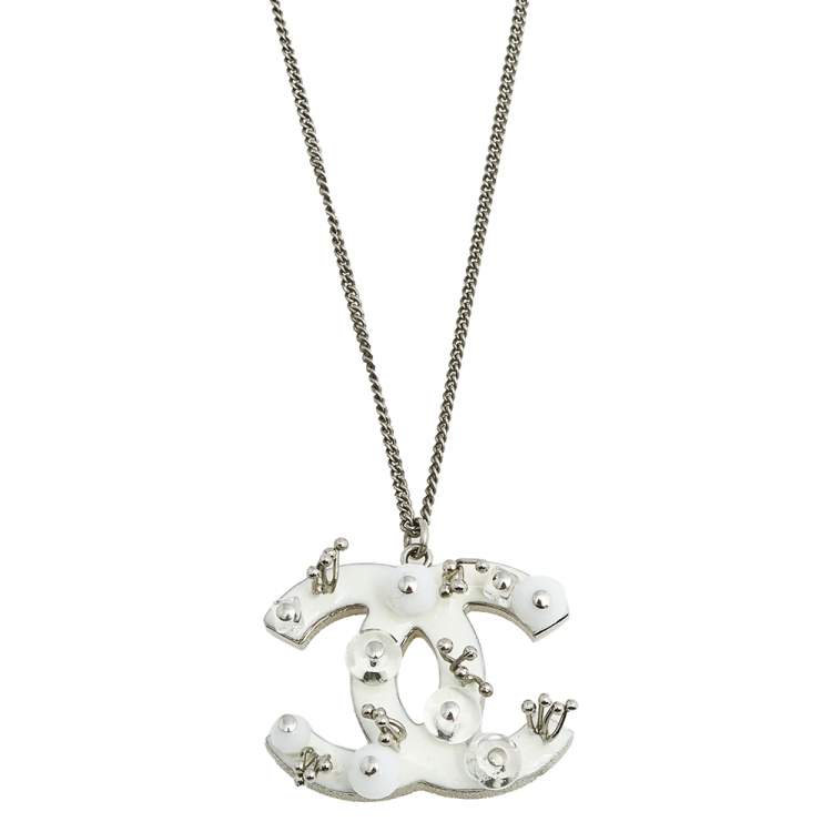 Chanel Silver Tone White Enamel Studded CC Pendant Necklace Chanel | The  Luxury Closet