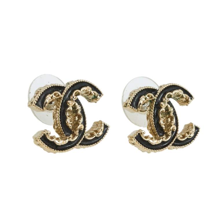 Chanel CC Black Enamel Gold Tone Baroque Stud Earrings Chanel