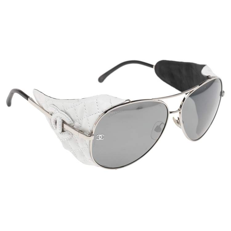 Chanel Black/White Quilted Leather and Silver Tone Metal 4192 CC Aviator Sunglasses  Chanel