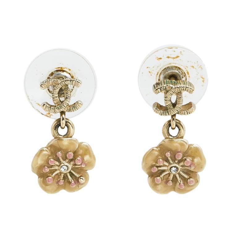 Chanel Gold Tone Enamel Camellia Drop Earrings Chanel | The Luxury Closet