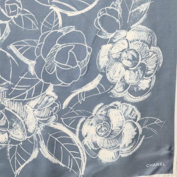 Pre Owned Chanel Blue Camellia Print Silk Square Scarf