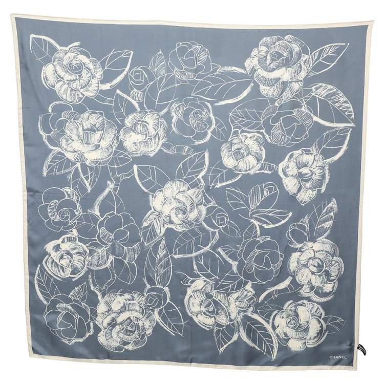 Pre Owned Chanel Blue Camellia Print Silk Square Scarf