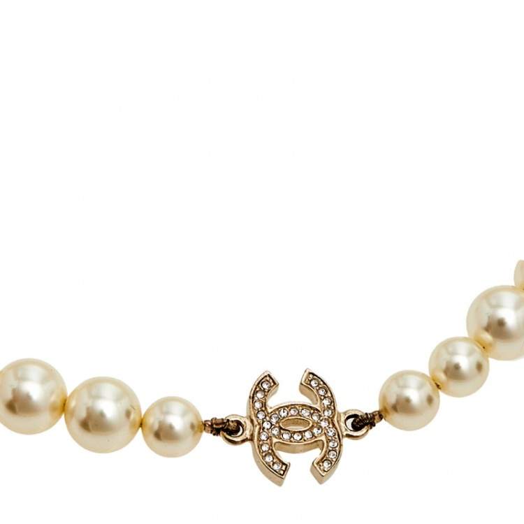 Chanel Gold Tone Crystal CC Pearl Short Necklace Chanel