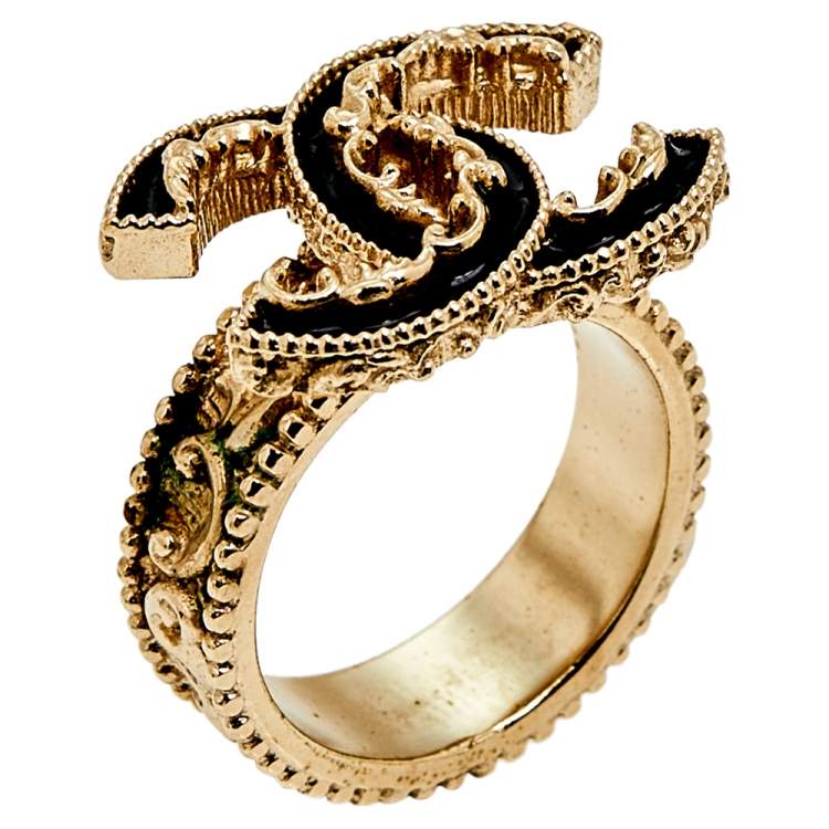 Chanel Black and Gold Toned CC and Heart Ring