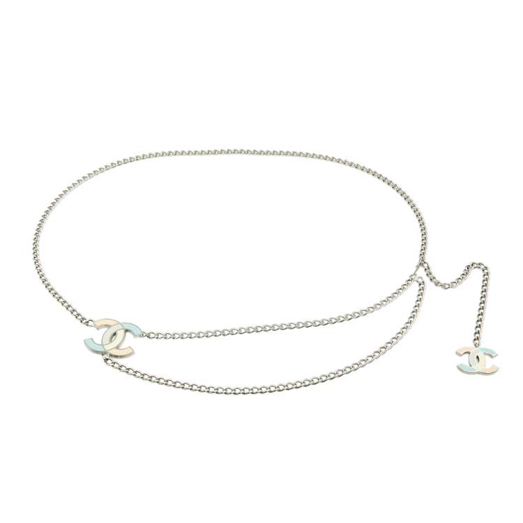 Pre Owned Chanel Silver Tone Multicolor Enamel CC Charm Chain Belt