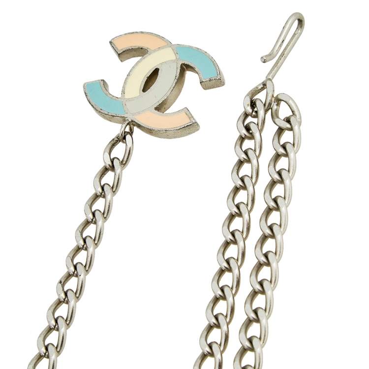 Pre Owned Chanel Silver Tone Multicolor Enamel CC Charm Chain Belt