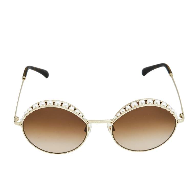 Chanel Gold/Brown 4234 Pearl Detail Round Sunglasses Chanel