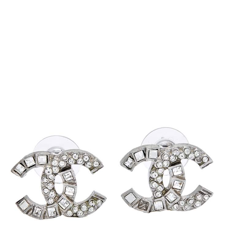 Chanel Silver Tone Crystal Embellished CC Stud Earrings Chanel