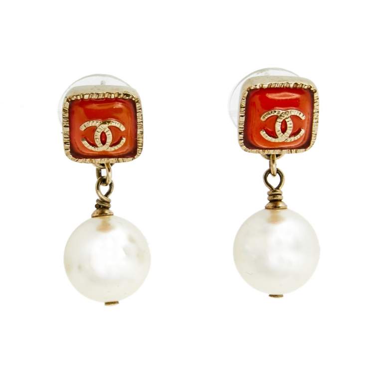 Chanel Orange CC Pearl Drop Earrings Chanel | The Luxury Closet
