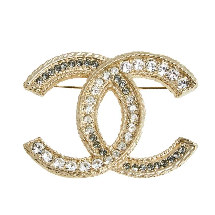 Chanel Pale Gold Tone Crystal CC Pin Brooch Chanel | The Luxury Closet