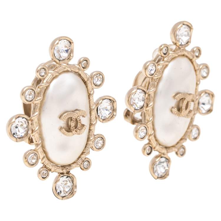 Chanel CC Faux Pearl Crystal Gold Tone Metal Clip On Earrings Chanel