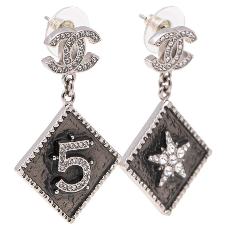 Chanel CC No 5 Star Crystal Silver Tone Metal Earrings Chanel