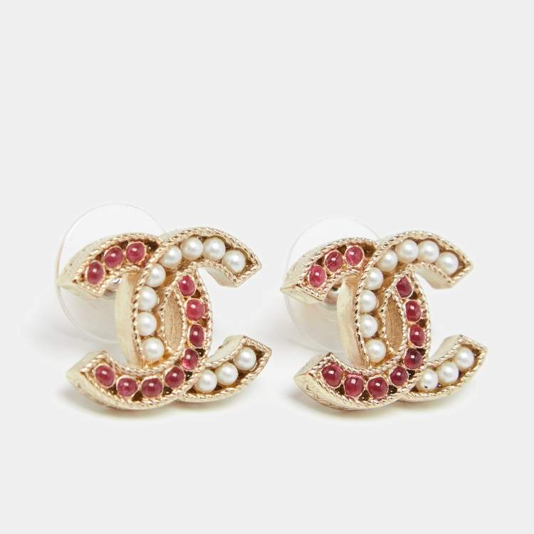 Chanel Pale Gold Tone Bicolor Beaded CC Stud Earrings Chanel