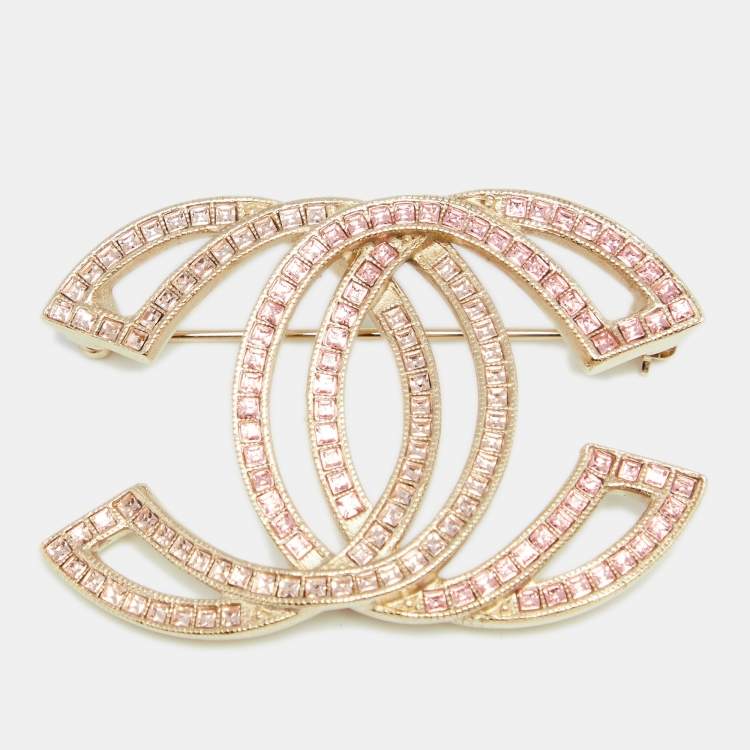 Chanel Vintage Classic Gold Plated CC Silver Crystal Brooch - LAR