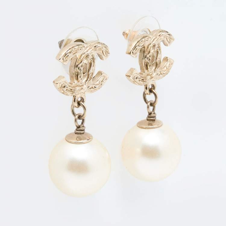 Chanel Interlocking CC Gold-tone & Crystal Studded Dangle Earrings 