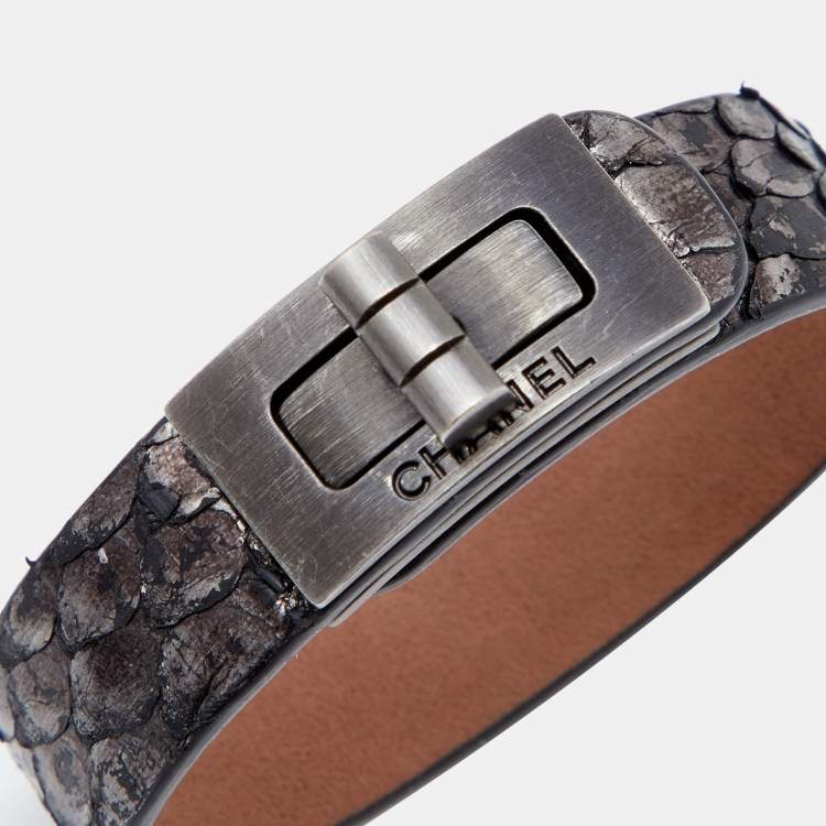 Pre Owned Chanel Grey Metallic Snakeskin Leather Bracelet