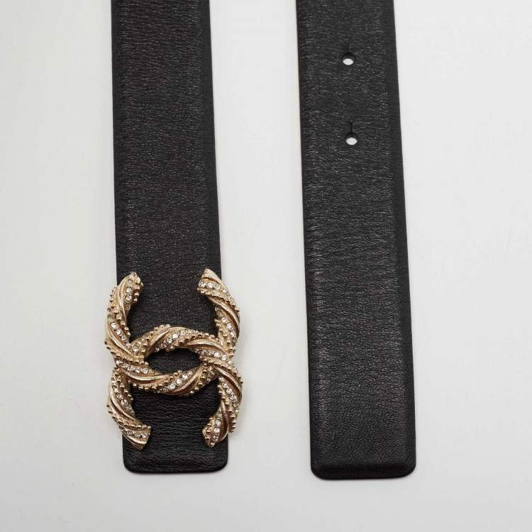 Pre Owned Chanel Black Leather Crystal Embellished CC Logo Buckle Belt 95CM
