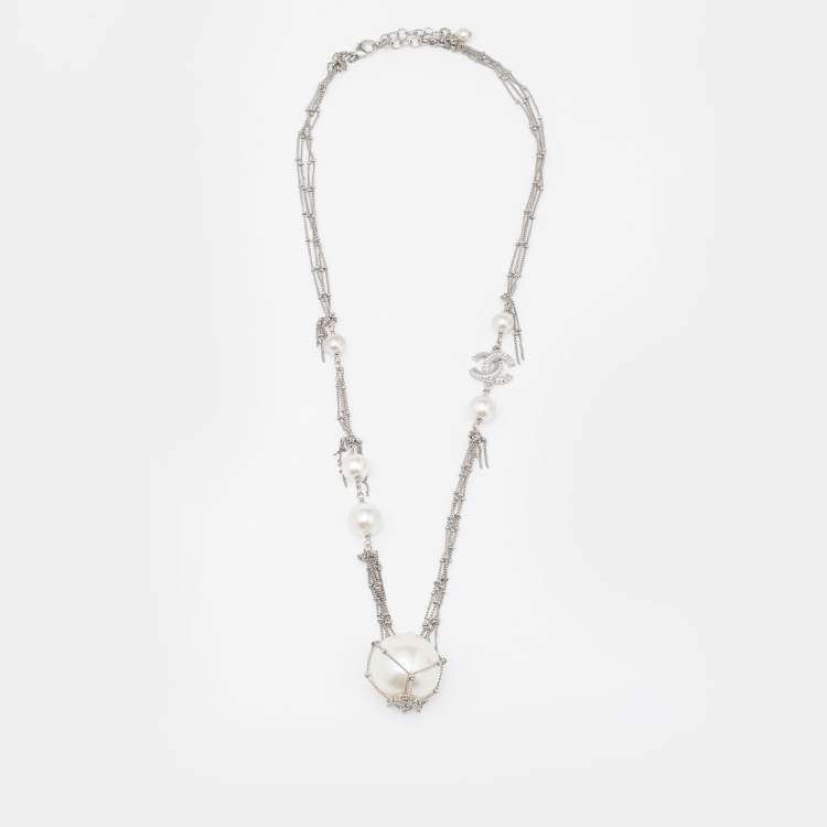 Chanel Silver Tone Crystal CC Charm Faux Pearl Multi Strand Necklace Chanel