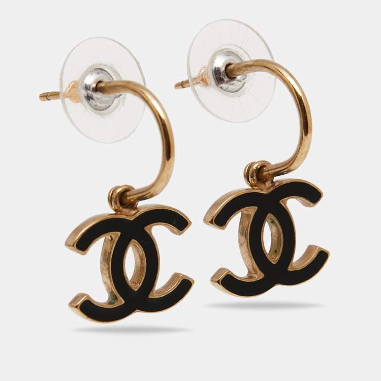Chanel Gold Tone Black Enamel CC Drop Earrings Chanel
